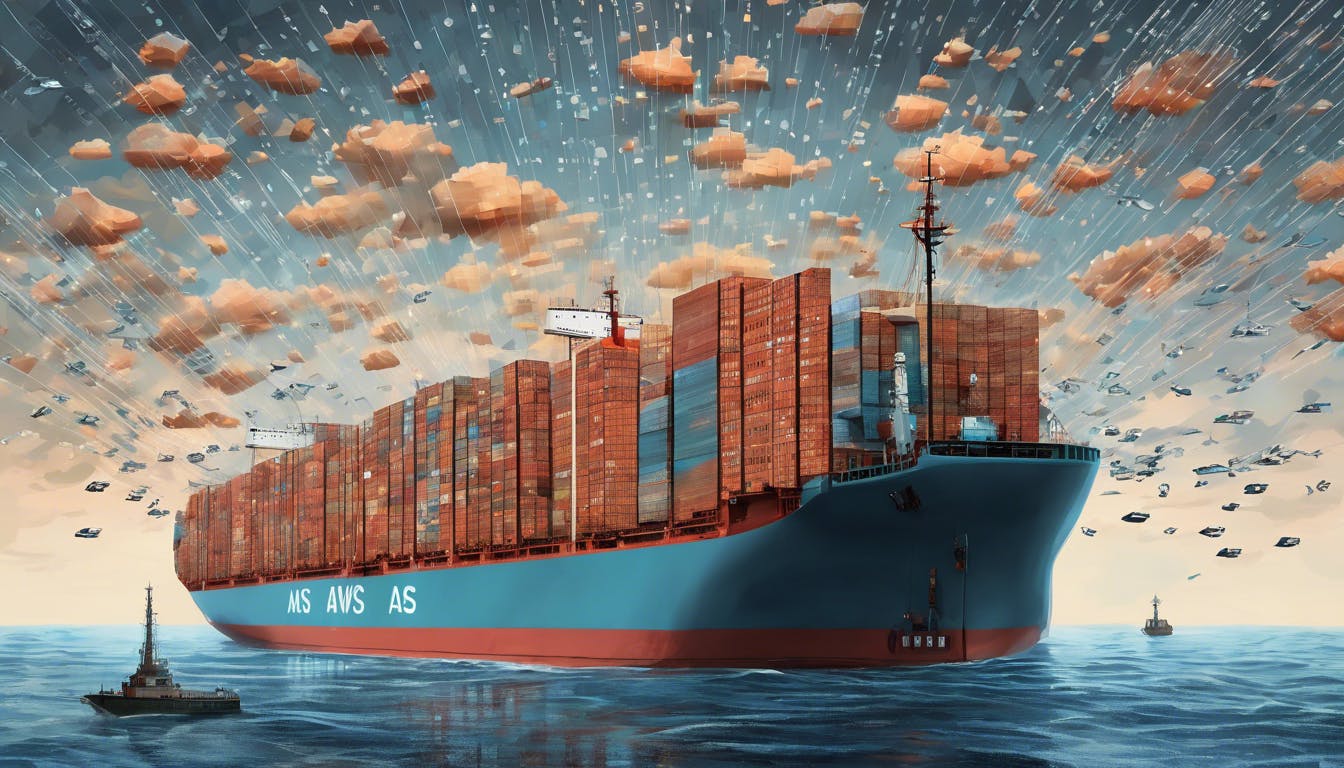 Create a digital painting that visualizes a fleet of modern cargo ships shaped like computer chips sailing smoothly on a binary code sea under a cloud computing sky, emblazoned with the AWS Elastic Container Service (ECS) logo on their sails, symbolizing the deployment of containers in a cloud infrastructure.