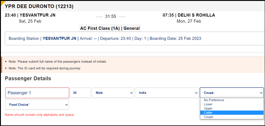Screenshot of the IRCTC train ticket booking window for pet dogs
