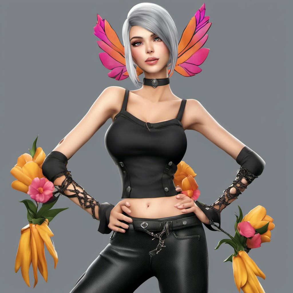 AI fashion clothing design | Bloom punk outfit from winx club pc game,  tooqiao, nana osaki, gothic casual, flares and a top, deep black, gray,  maybe silver, white, unsaturated colours woman