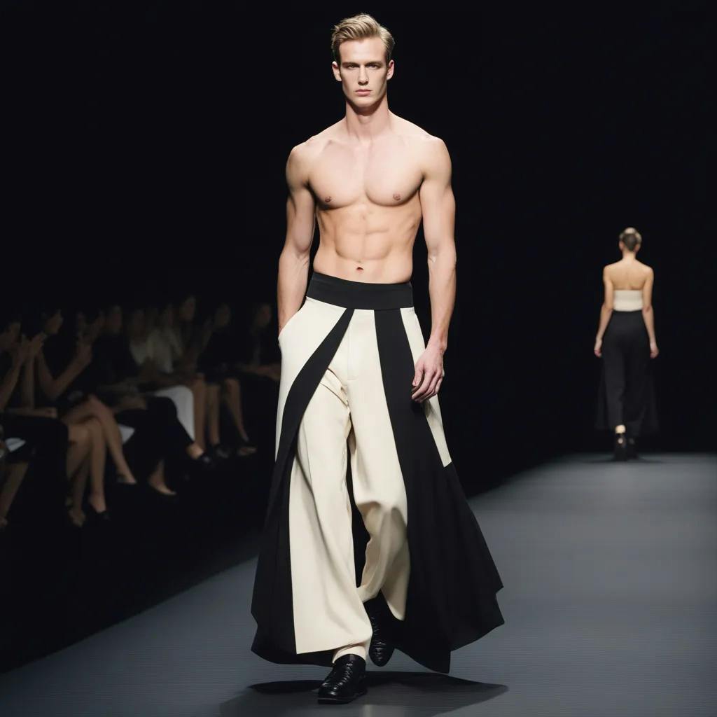 AI fashion runway design | topless model with wide oversized black and  cream colored japanese looking trousers. inspired by chinese oversized  trousers made for fashion shows. with oversized wide man