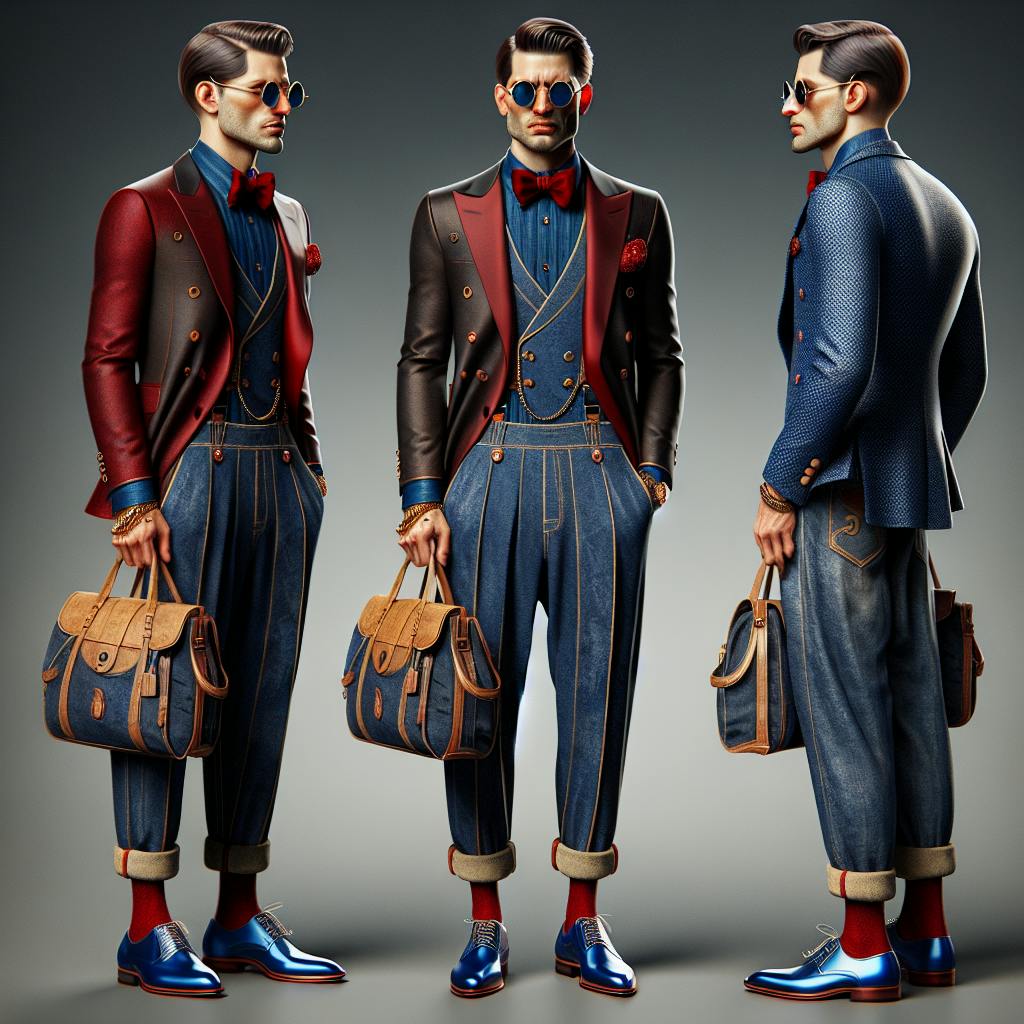 AI fashion silhouette design  Double breasted suit dark red with Chambray  Modern 20's bright blue shirt and red bow tie with a Elegant baggie denim  pants 20's Italian gangster modern style