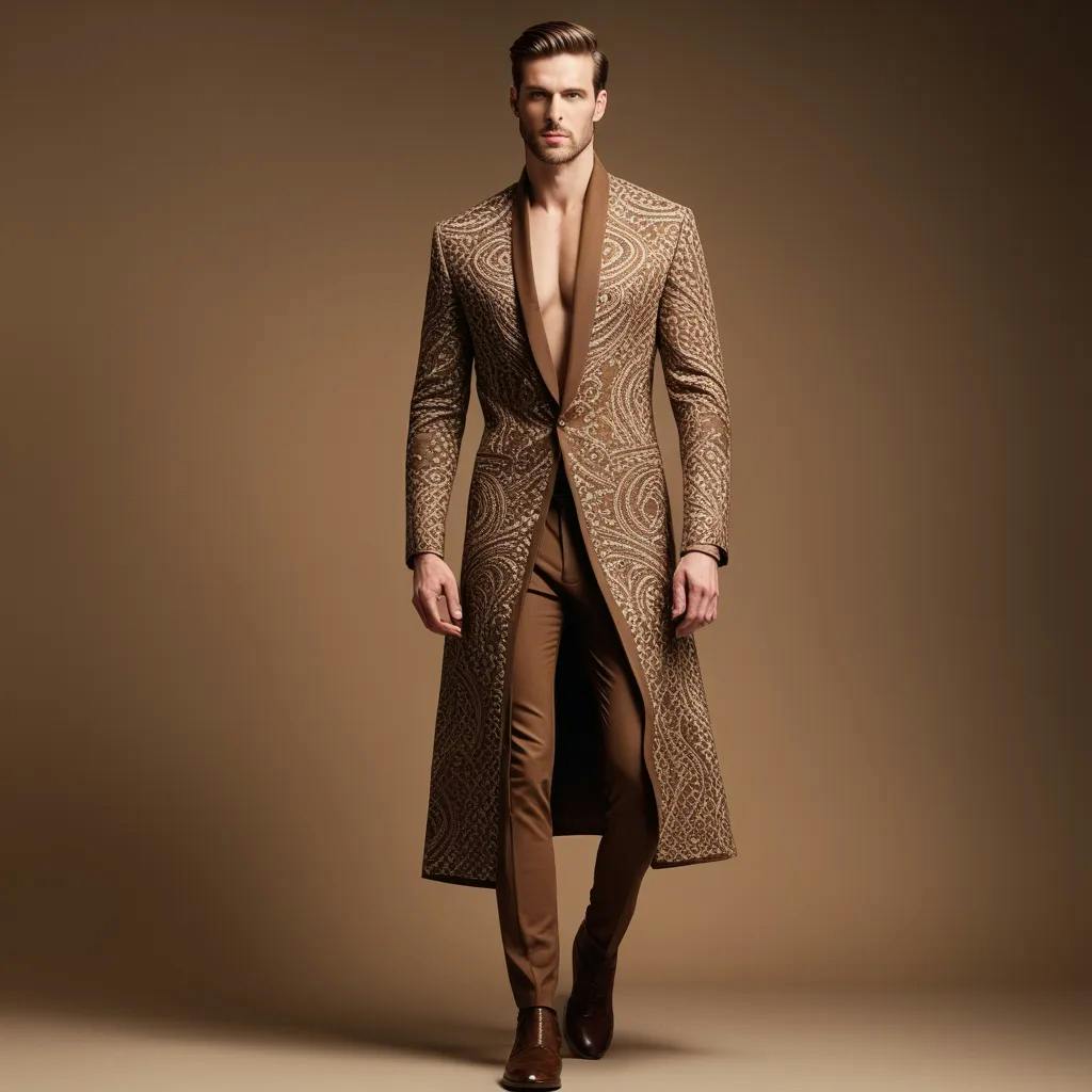 AI fashion clothing design | Imagine a 1919 inspired fashion design for men  featuring a nude color palette of brown hues. This unique style  incorporates tight silhouettes with graphic prints, man