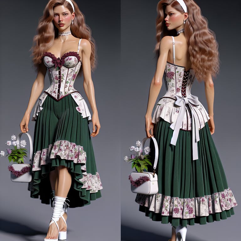 AI fashion silhouette design  Victorian style corset, heart cut, waist  length, with white ribbon straps, floral, predominant colour white, with  forest green, mauve and maroon colours. with a 90's punk style