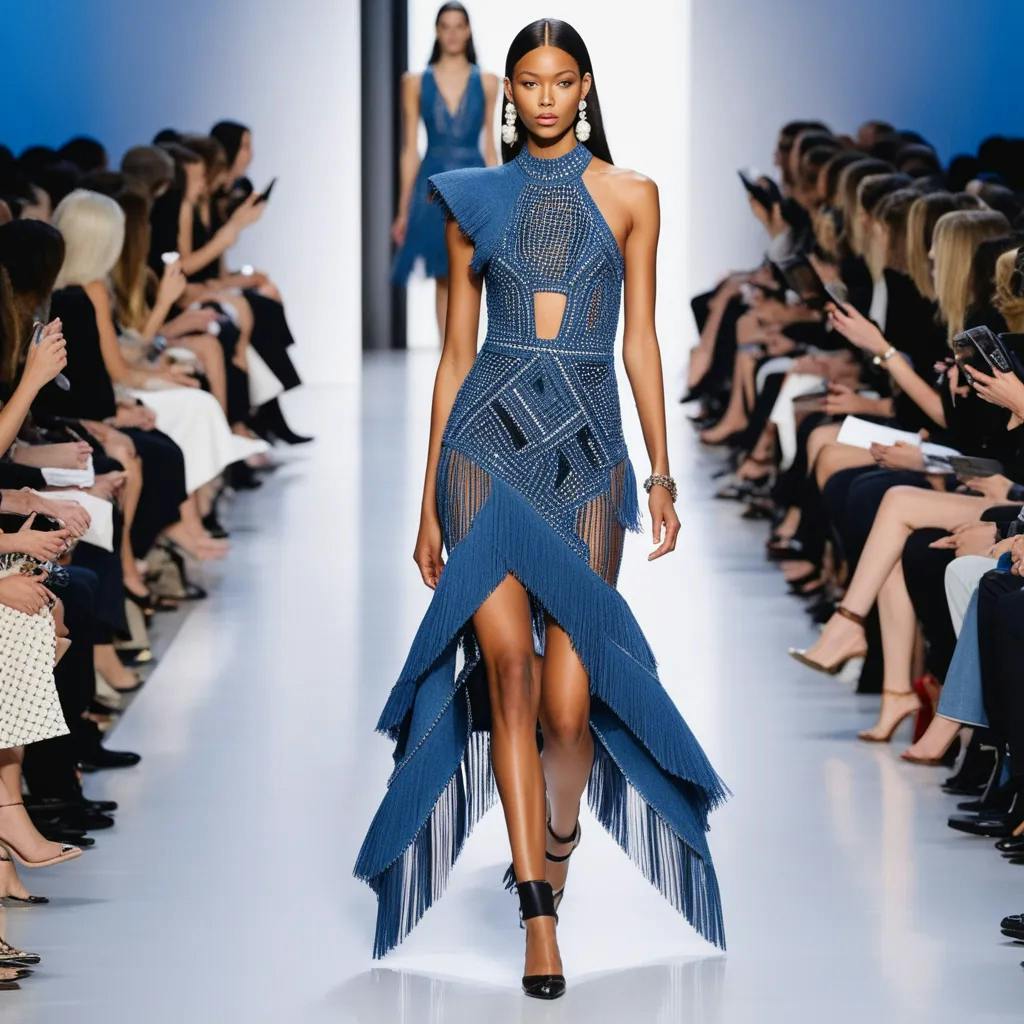 AI fashion runway design | Imagine a bold asymmetric short denim dress with  geometric cutouts. woman