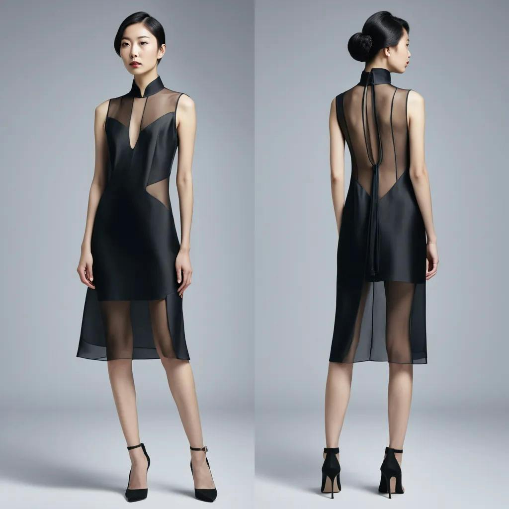 AI fashion clothing design | A slip dress in sheer black that captures an  avant-garde essence infused with an Asian flair, emanating a timeless  allure. The front gracefully reaches knee-length woman