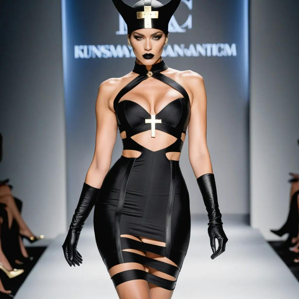 AI fashion runway design | Black bandage sexy dress with cutouts revealing  parts of the body with a bdsm couture inspired hat and a religious black  cross with gold plated woman