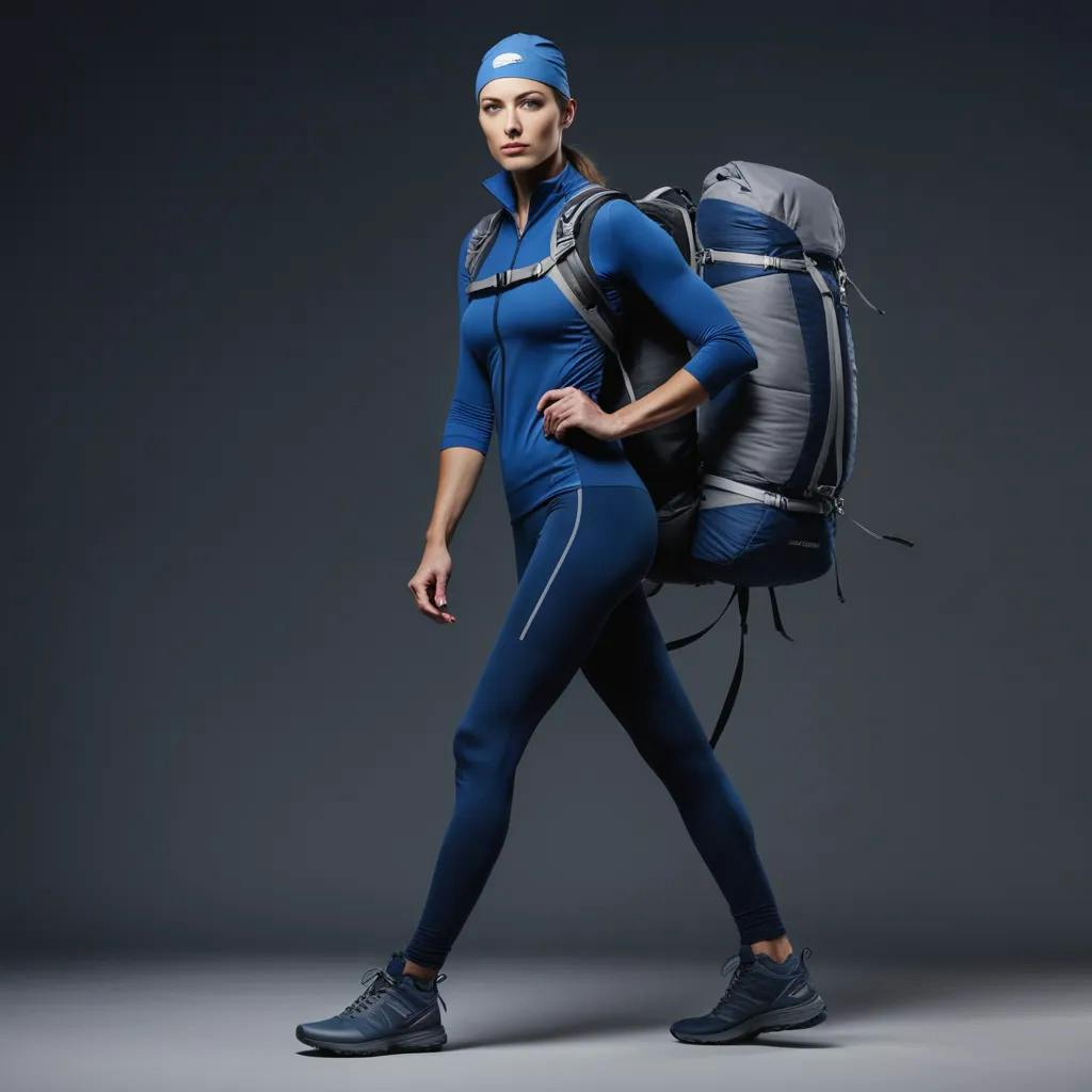 AI fashion clothing design | Sexy and ultrachic and modern pelgrim tight  sportwear for a complete journey on the Camino de Santiago. Hiking boots.  Hicking backpack. Low cut. dark blue woman