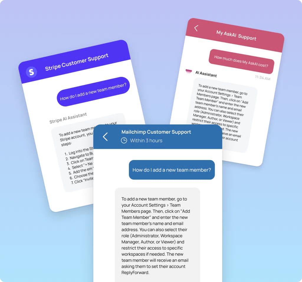 Three text chat interfaces with Stripe, Mailchimp, and MyAskAI support.