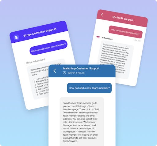 Three text chat interfaces with Stripe, Mailchimp, and MyAskAI support.