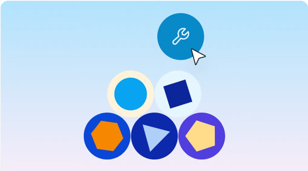 Six circles with basic shapes in a pyramid arrangement where the top circle is hovered by a cursor.