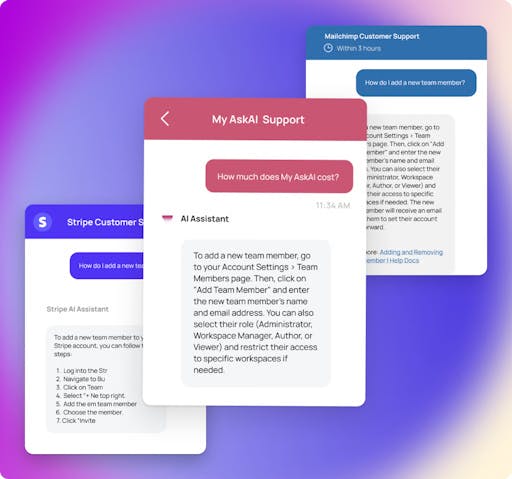 Three text chat interfaces with Stripe, Mailchimp, and MyAskAI support.