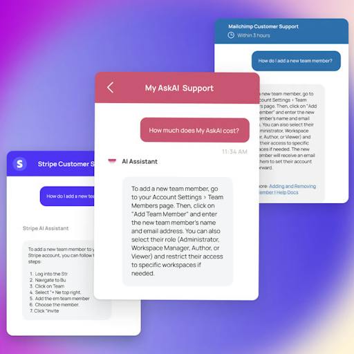 Three text chat interfaces with Stripe, Mailchimp, and MyAskAI support.