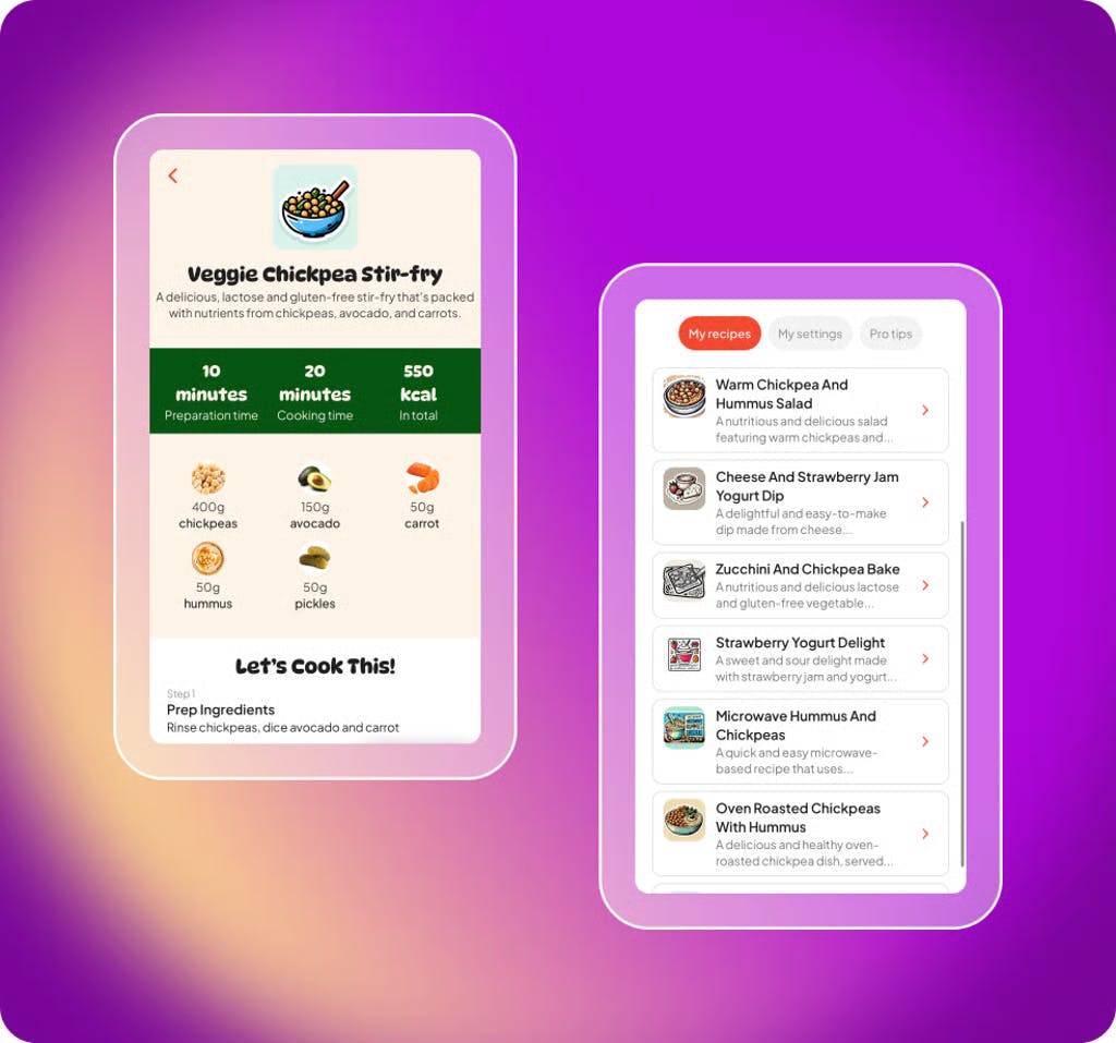 UI of the Fridgy mobile app, showing recipes the app has generated and saved.