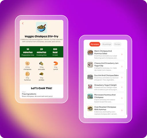 UI of the Fridgy mobile app, showing recipes the app has generated and saved.