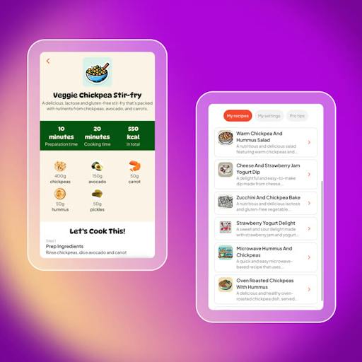 UI of the Fridgy mobile app, showing recipes the app has generated and saved.
