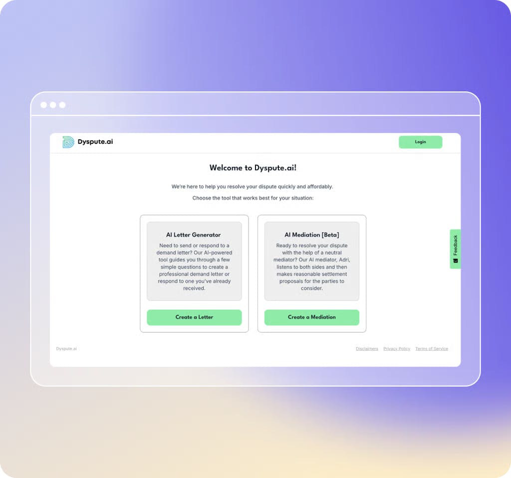 The Dyspute.ai website, which has options for a user to create a letter or mediation.