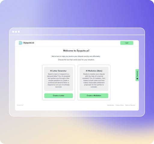 The Dyspute.ai website, which has options for a user to create a letter or mediation.