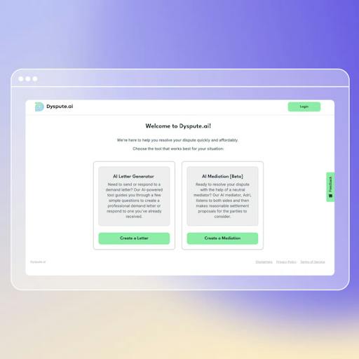 The Dyspute.ai website, which has options for a user to create a letter or mediation.