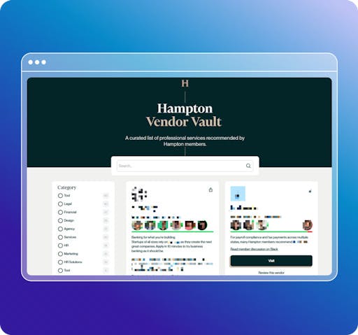 Homepage of the Hampton website, featuring search and filter functionality for professional services.