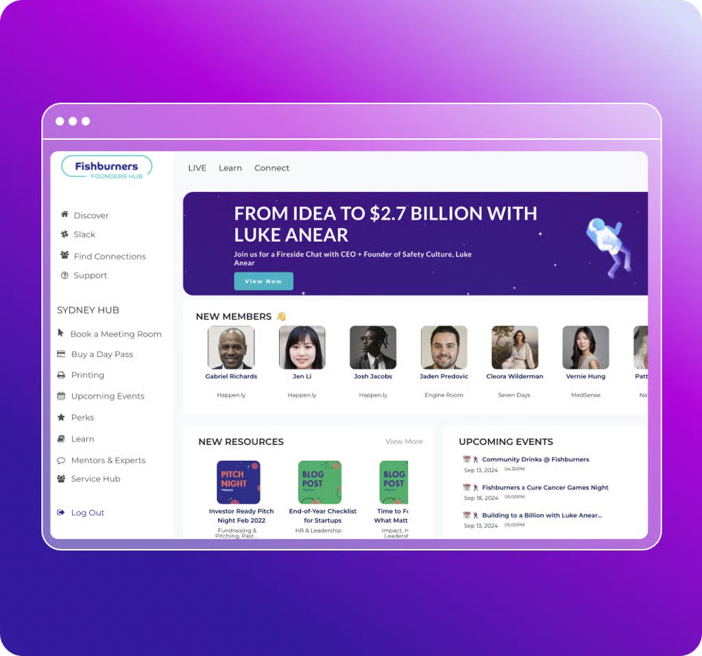 Homepage of the Fishburners website, which has a dashboard UI for members and resources.