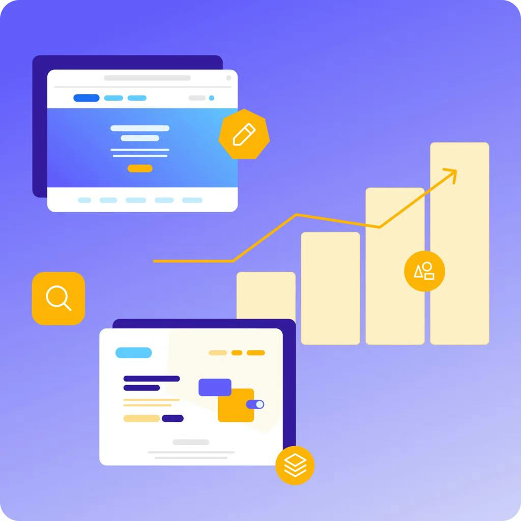 An upward trending graph with different dashboards overlaid.