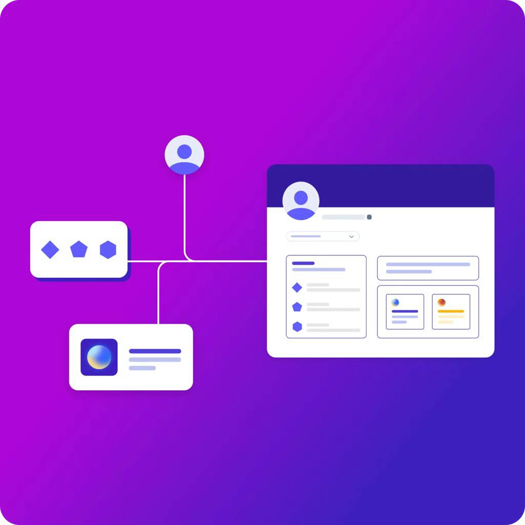 Illustration of a profile page with exploded views of the profile photo, badges, and cards.