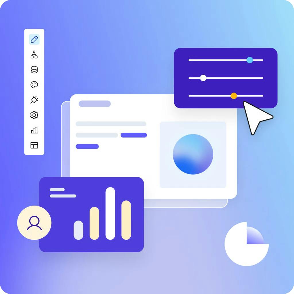 Cursor hovering over a switchboard UI, which is overlaid on top of a card UI within Bubble's visual editor.