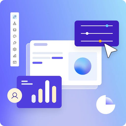 Cursor hovering over a switchboard UI, which is overlaid on top of a card UI within Bubble's visual editor.