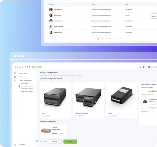 Seagate website showing product configurations in a dashboard UI.