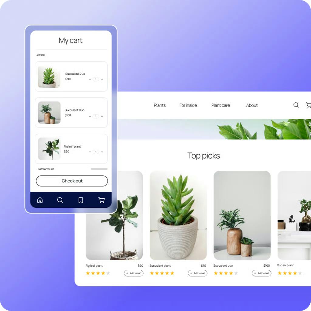Web and mobile shopping app with plant listings.