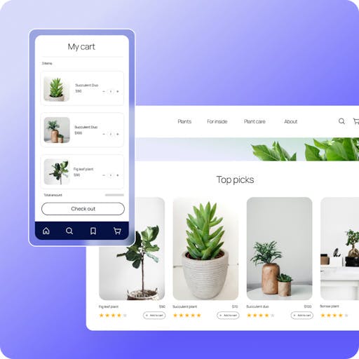 Web and mobile shopping app with plant listings.