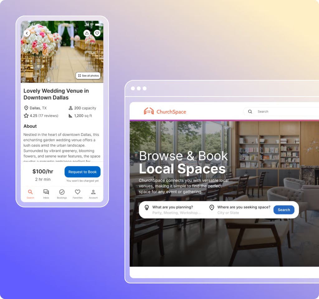 ChurchSpace's web and mobile app, which allows users to browse and book local spaces for rent.