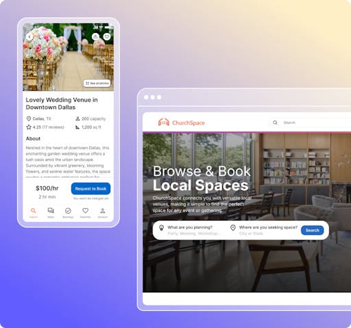 ChurchSpace's web and mobile app, which allows users to browse and book local spaces for rent.