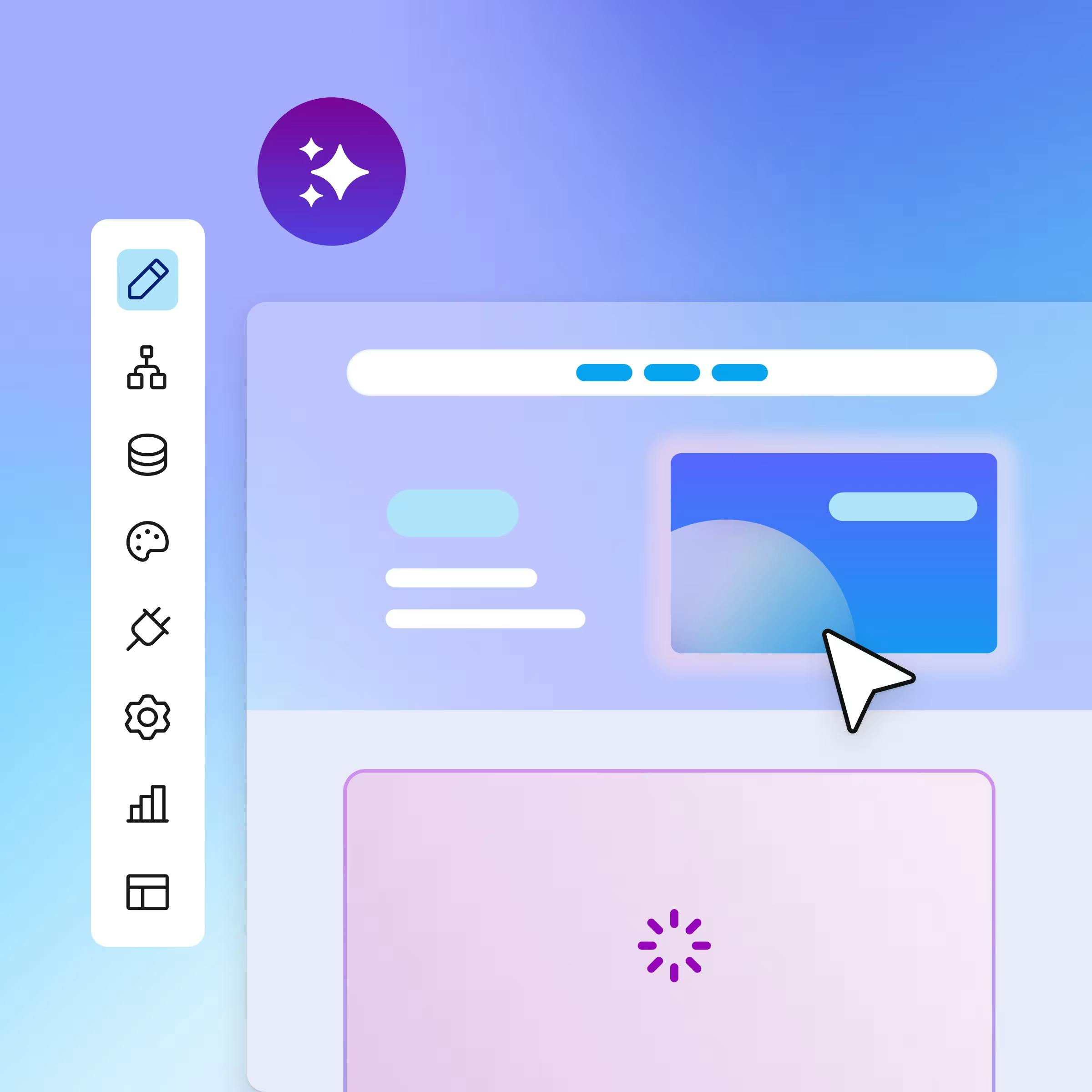 Illustrated rendition of Bubble's AI app generator interface with left sidebar icons, mouse cursor on blue card, and loading spinner