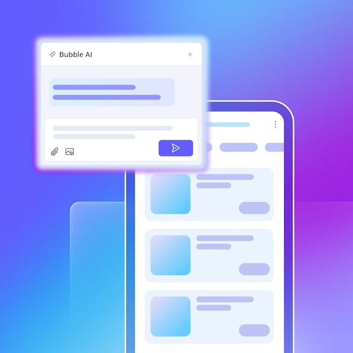 Bubble AI chat widget interface with message input and send button overlaid on a mobile app screen, on blue-to-purple gradient background