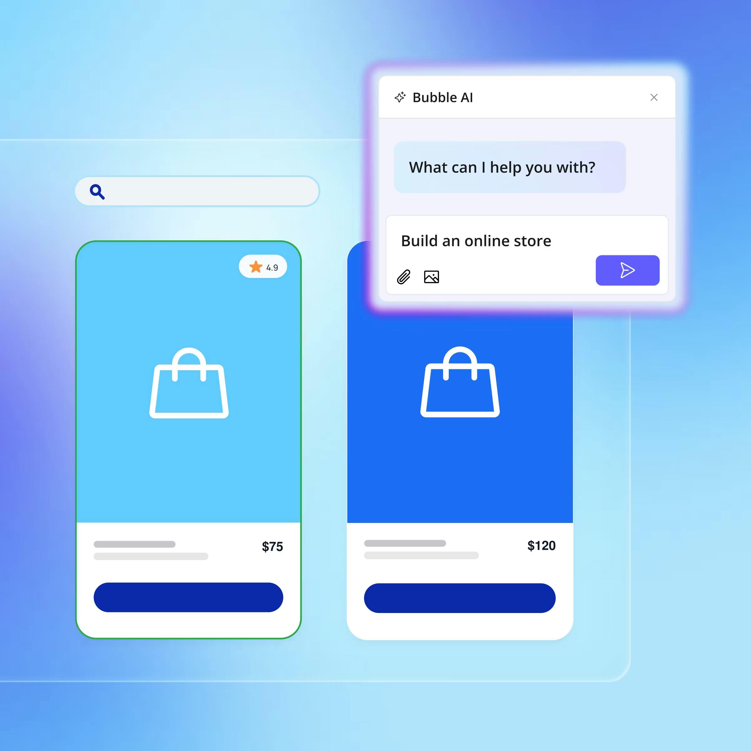 Bubble AI chat widget prompting "Build an online store" above two ecommerce product cards with shopping bag icons and prices $75 and $120