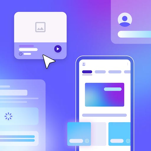 Illustration of digital UI cards and mobile app screen with play button and cursor, representing video content and user interface design
