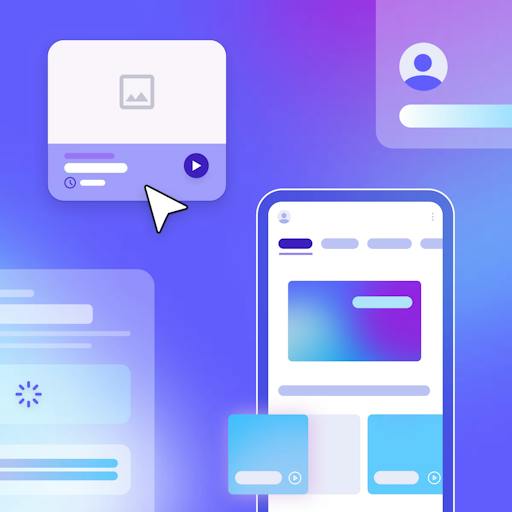 Illustration of digital UI cards and mobile app screen with play button and cursor, representing video content and user interface design