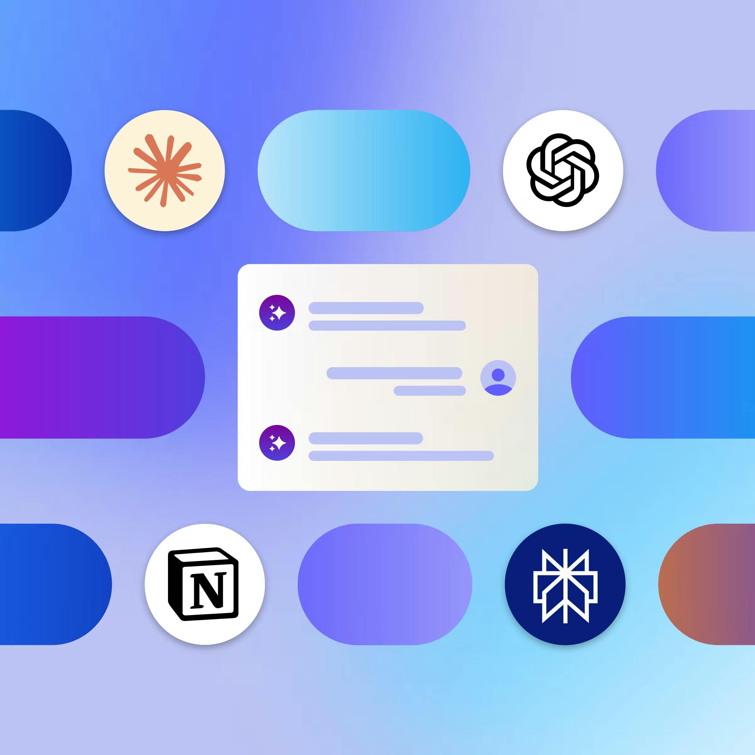 AI chatbot interface illustration with OpenAI logo and Notion icon on gradient background, representing app integrations and automation