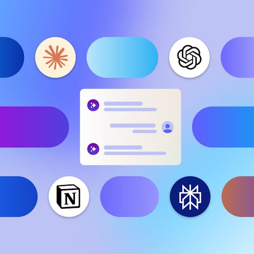 AI chatbot interface illustration with OpenAI logo and Notion icon on gradient background, representing app integrations and automation