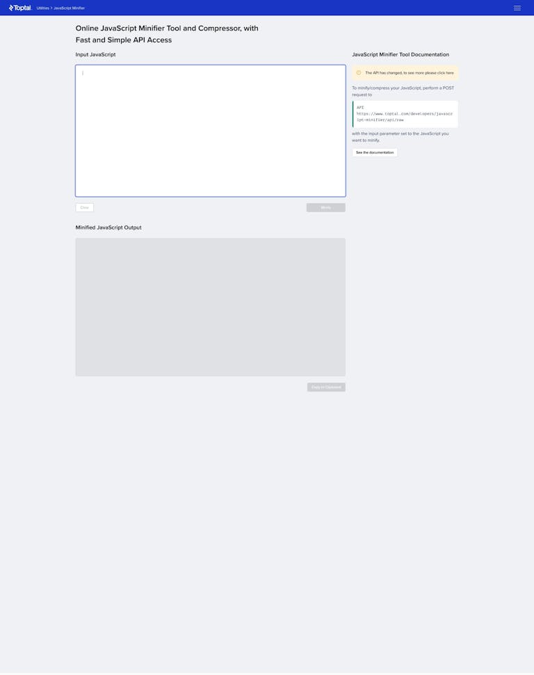 Screenshot of JavaScript Minifier by Toptal