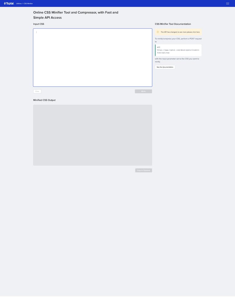 Screenshot of CSS Minifier by Toptal
