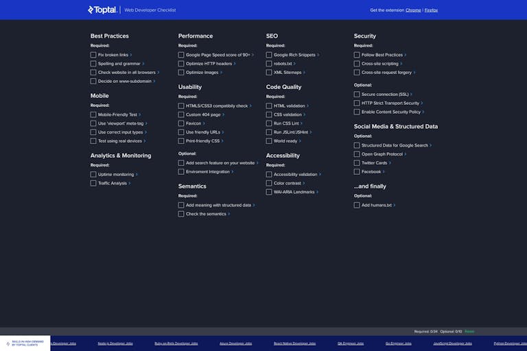 Screenshot of Web Developer Checklist by Toptal