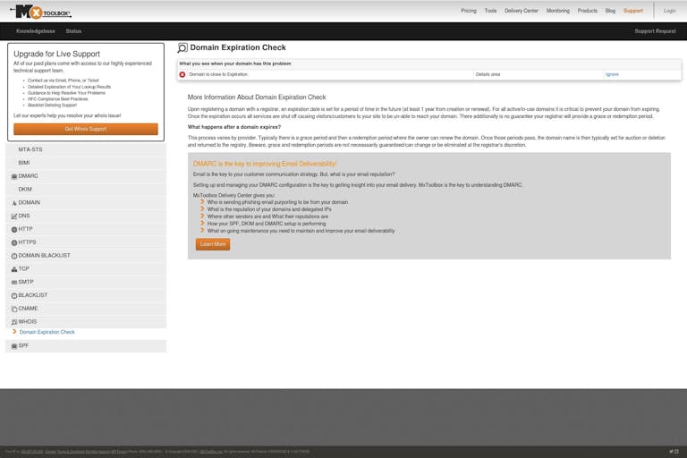 Screenshot of Domain Expiration Checker by MxTOOLBOX