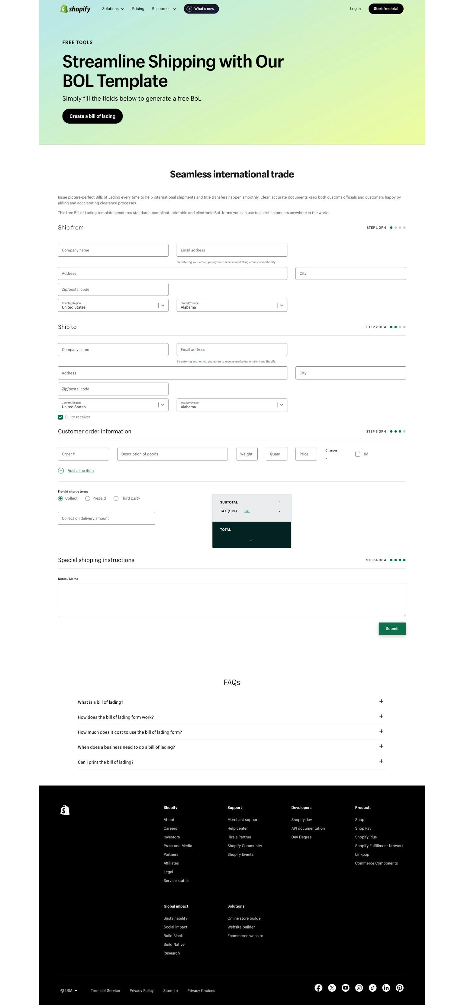 Screenshot of Bill of Landing Template by Shopify