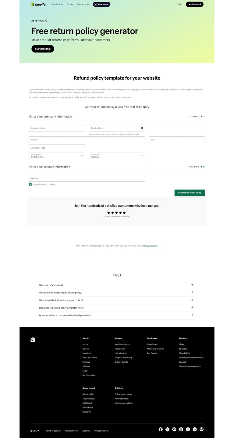 Screenshot of Refund Policy Generator by Shopify