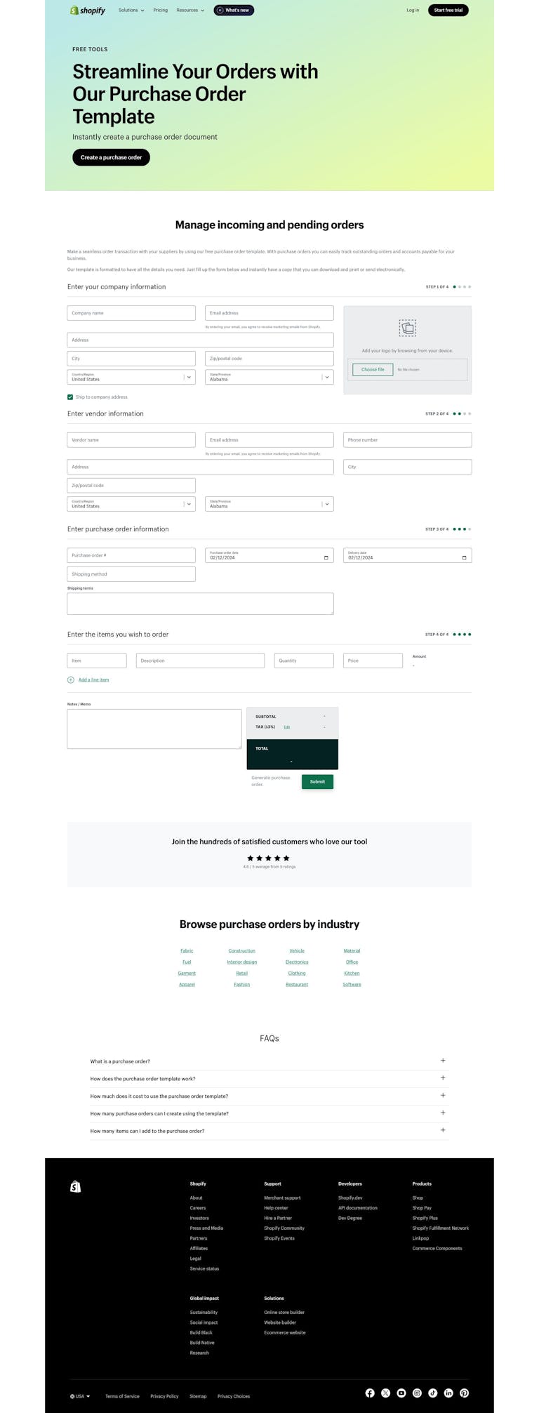 Screenshot of Purchase Order Template by Shopify