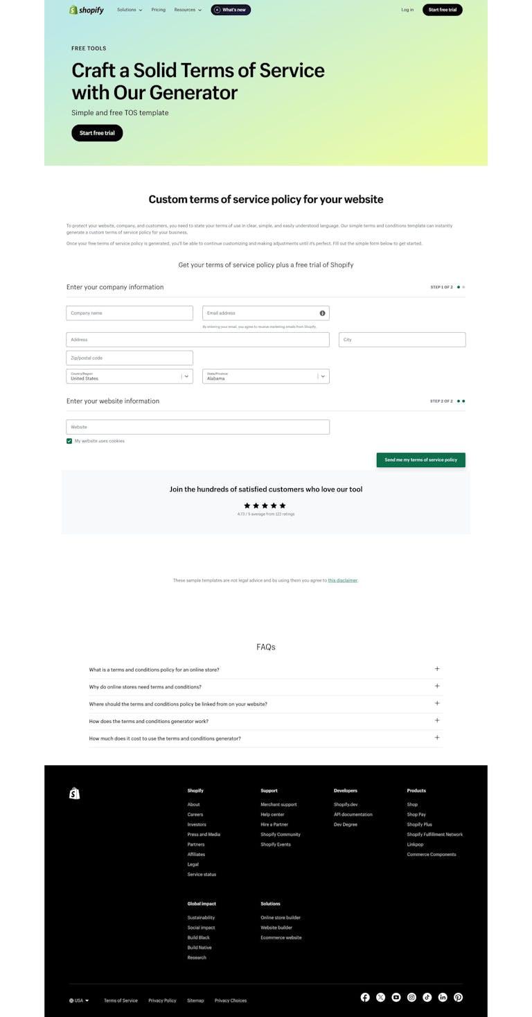 Screenshot of Terms and Conditions Generator by Shopify