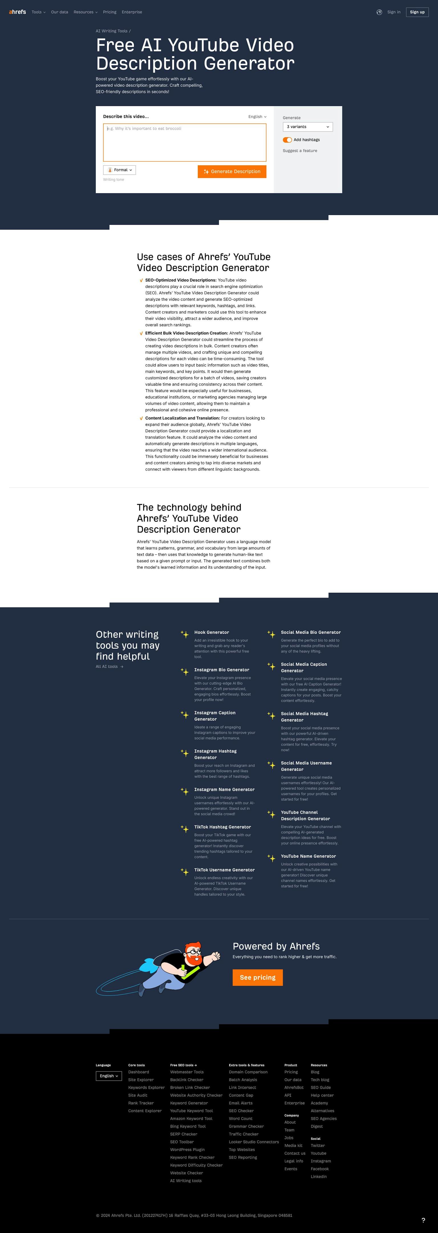 Screenshot of YouTube Video Description Generator by ahrefs