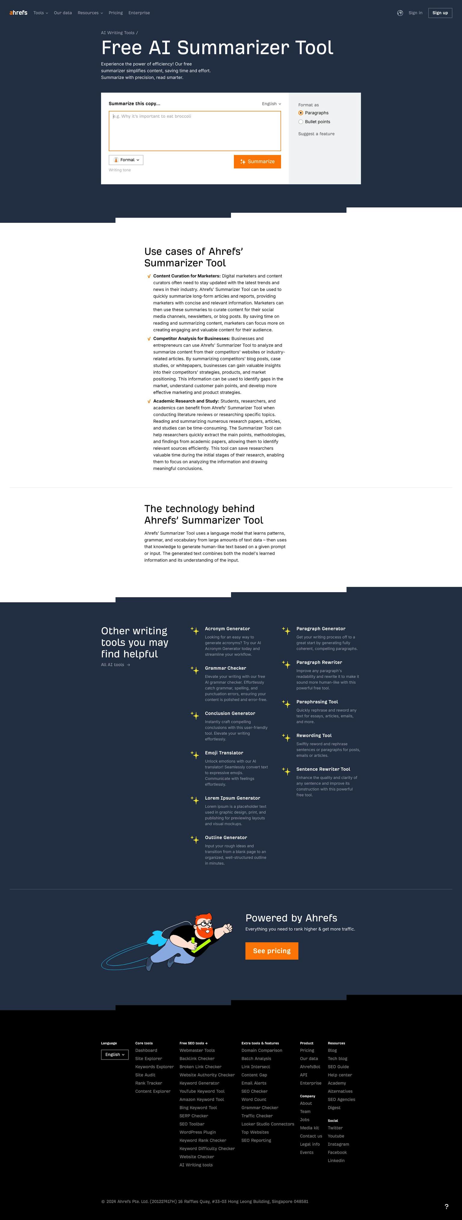 Screenshot of Summarizer Tool by ahrefs